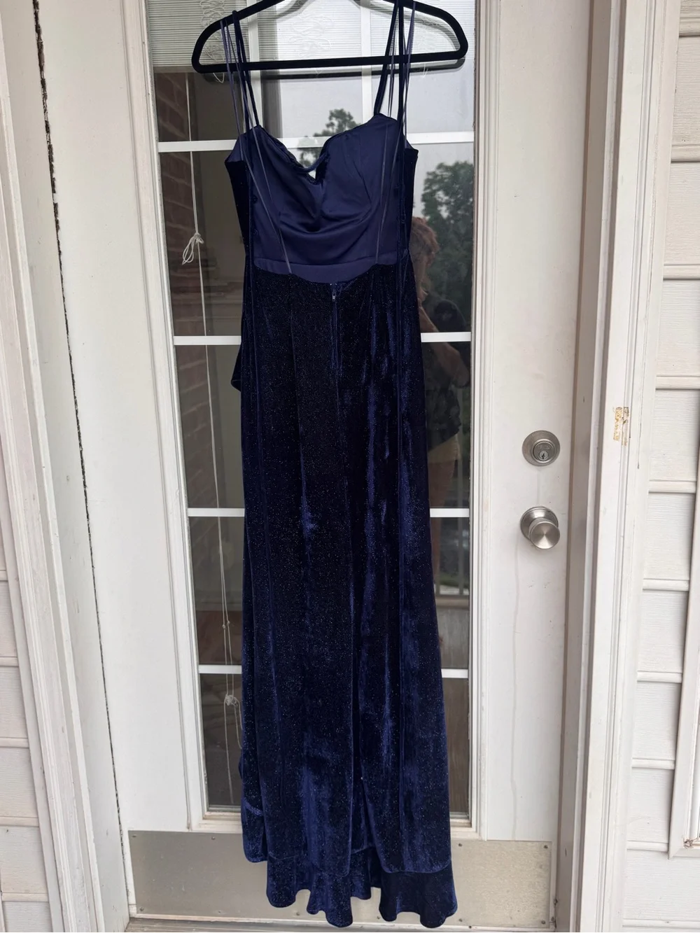 Midnight Blue Velvet High-Low Evening Dress with Side Ruffle